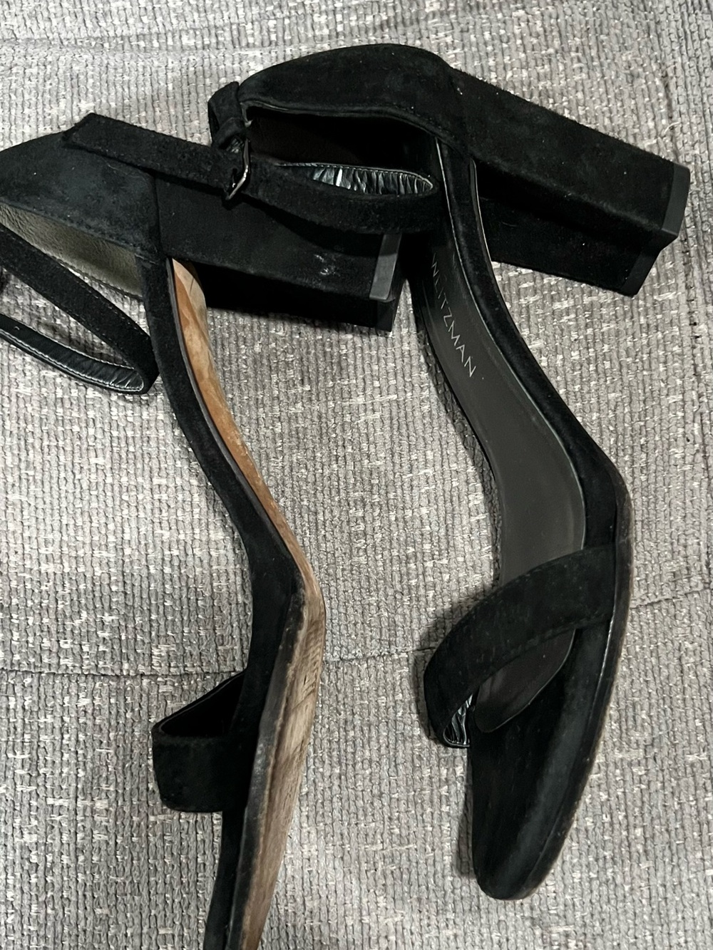 Stuart Weitzman Black Suede Block Heel Sandals with Ankle Strap
